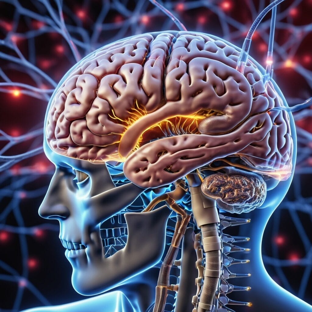 Transmission of neural signals via the brain.