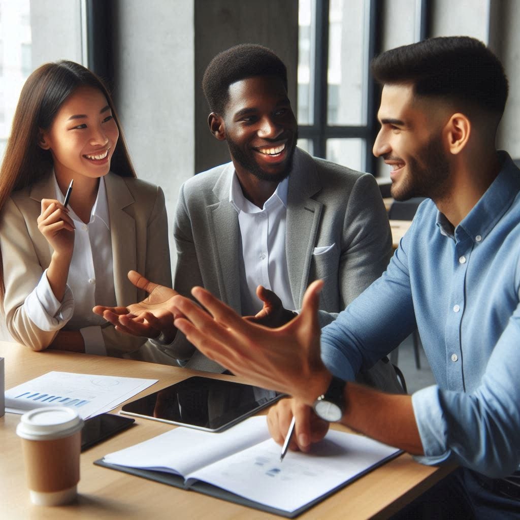 make an image of three office workers communicating with each other
